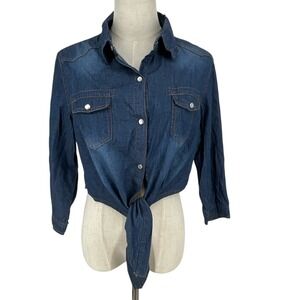 Rokadou Womens Denim Western Shirt Size L Cropped Tie Front Button Up Blue